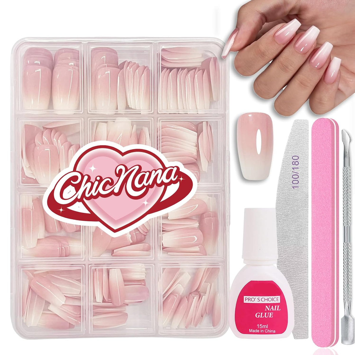 240Pcs False Nails Kit, Ombre Short Coffin Ballerina Press On Nails Pink White Gradient Soft Gel False Nail Tips Salon Perfect Fake Nails Kit Gift for Women Extensions DIY (Coffin)