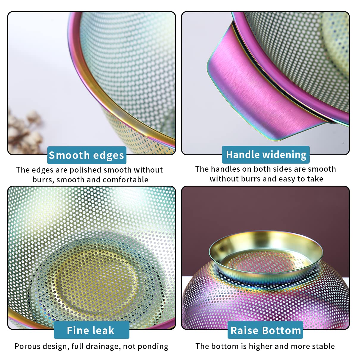 Kyraton Rainbow Colander 5 Quart, Professional Titanium Colorful Plating Stainless Steel Strainer with Heavy Duty Handles and Self Draining Solid Ring Base, Easy Clean and Dishwasher Safe