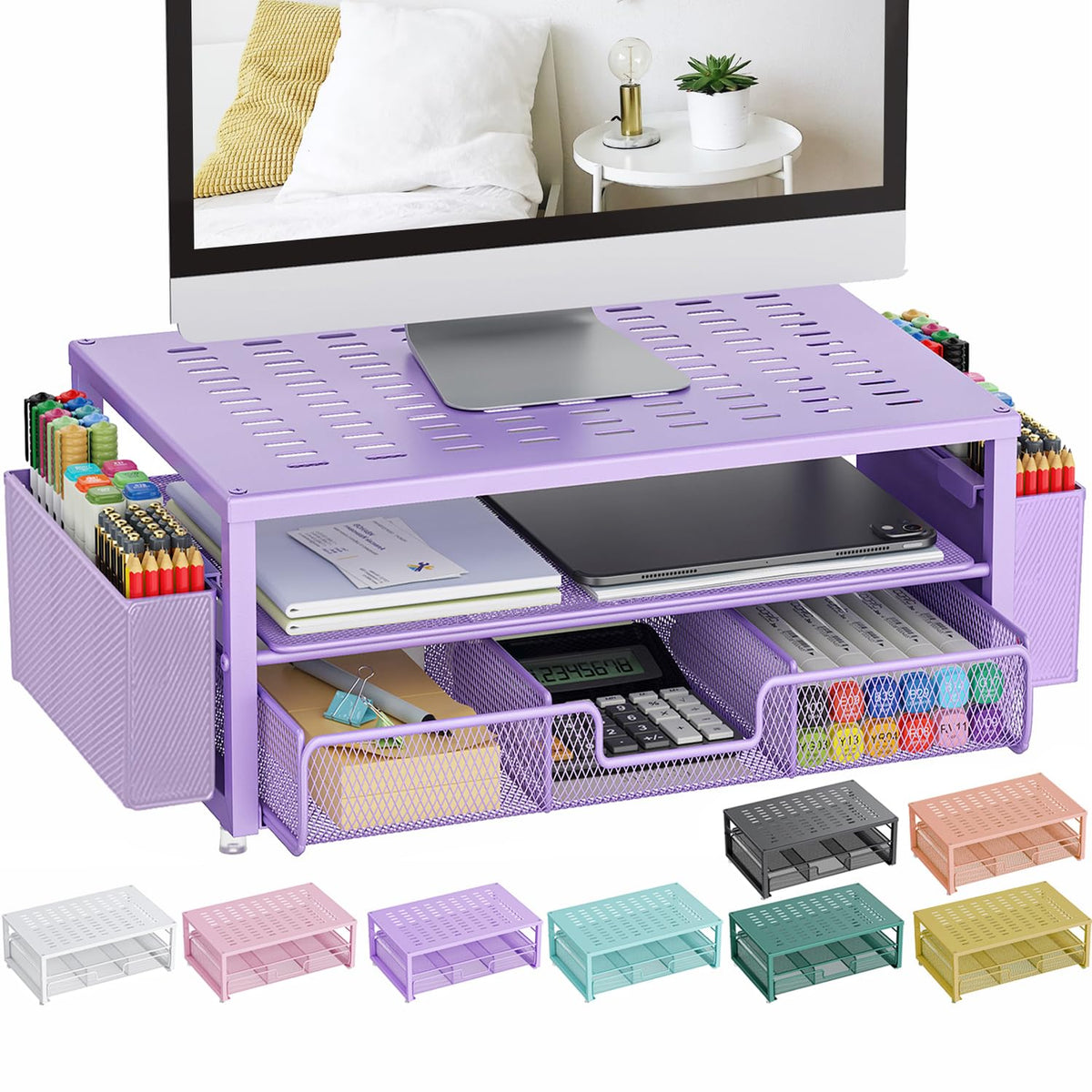 gianotter Desk Organizers and Accessories, Monitor Stand with Drawer and 2 Pen Holder, Purple Desk Accessories, Computer Stand Suitable for Offices and Dormitories (Purple)