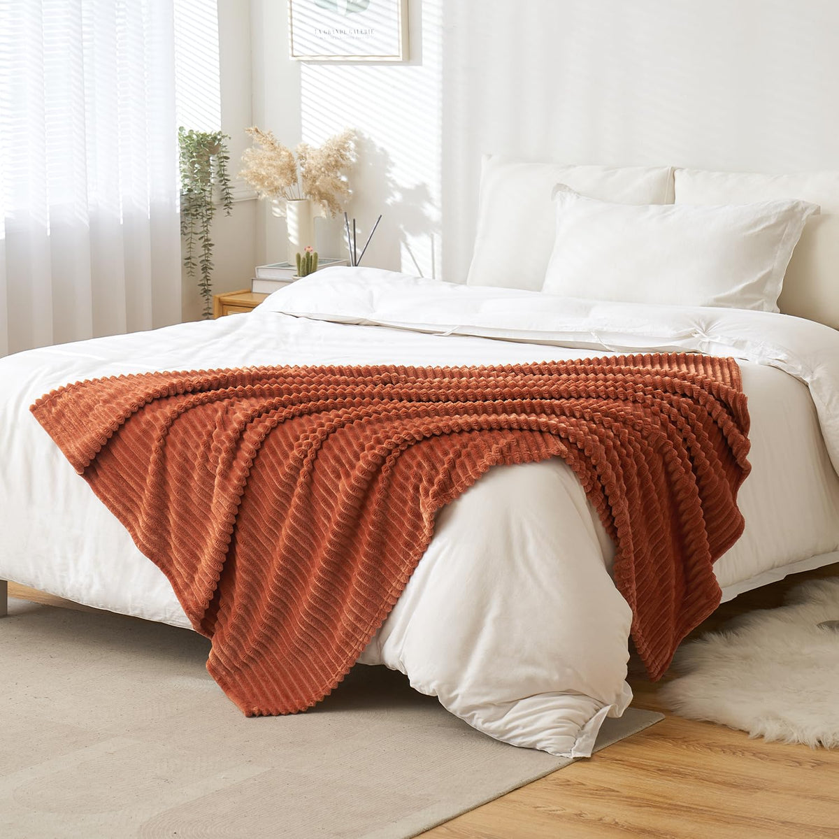 MIULEE Fall Rust Throw Blanket 3D Ribbed Jacquard Fleece Flannel Velvet Plush Decorative Bed Blanket (Throw, 50" x 60") - Super Soft, Lightweight, Warm and Cozy for Couch Sofa Home Decor