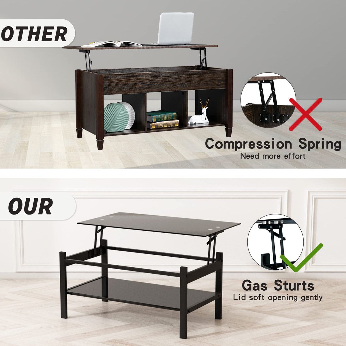 Meihua Lift Top Glass Coffee Table with Storage Compartment and Separated Open Shelves, Lift Tabletop for Living Room Home, Office, Black