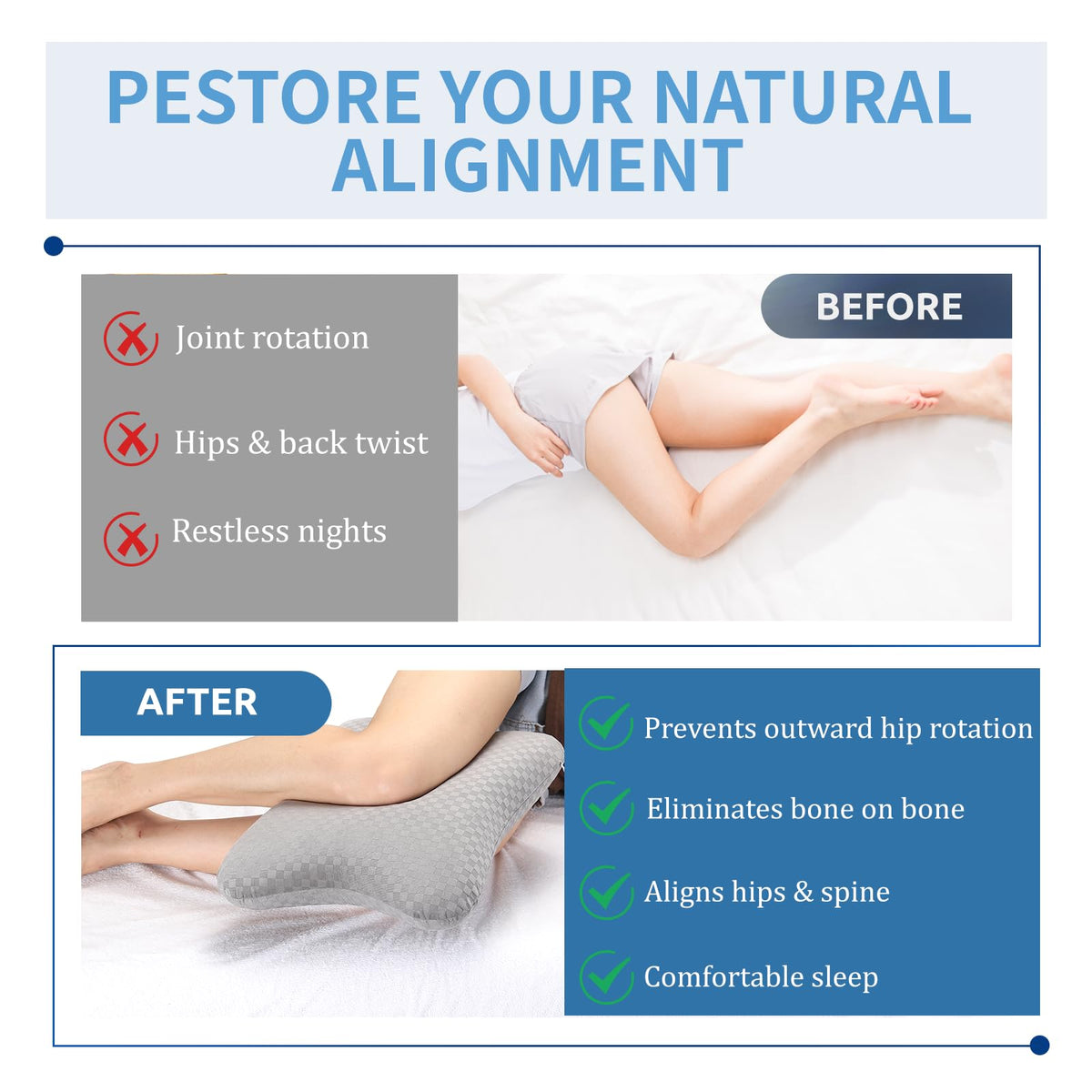 Leg & Knee Pillow for Side Sleepers - Upgraded Memory Foam Pillow Between Legs for Side Sleeping, Leg Pillow for Back, Hip, Sciatica Pain Relief, Side Sleeper Wedge Pillow (Light gray-no straps)