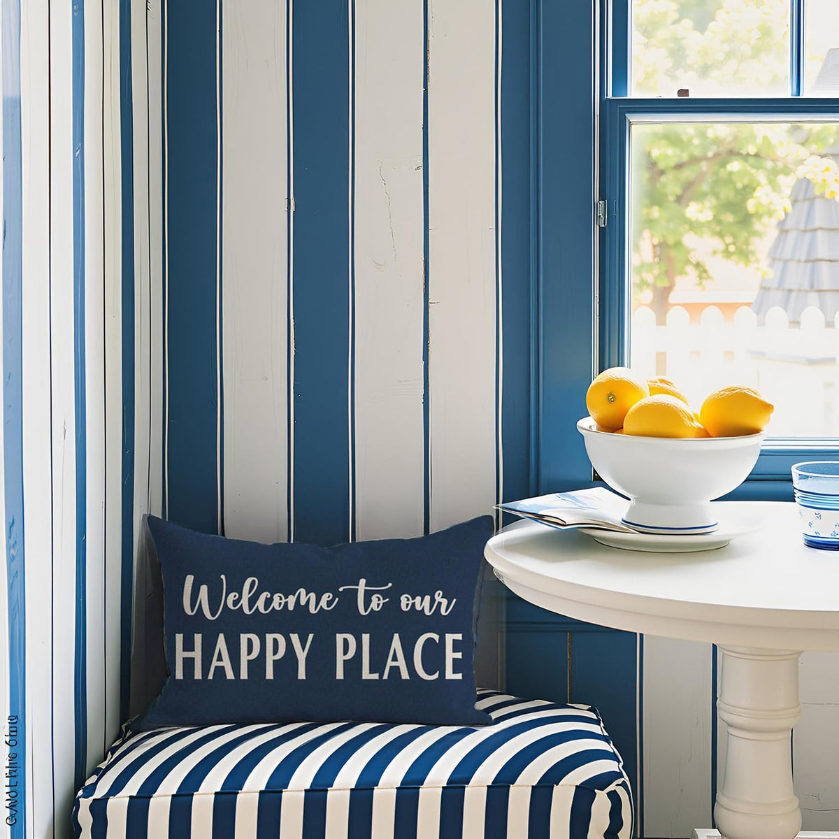 HERHOME Decorative Throw Pillow Cover 12x20 Inch Welcome to Our Happy Place Blue Outdoor Farmhouse Coastal Front Porch Patio Decor Lumbar Cushion Case Decoration for Living Room Sofa Couch