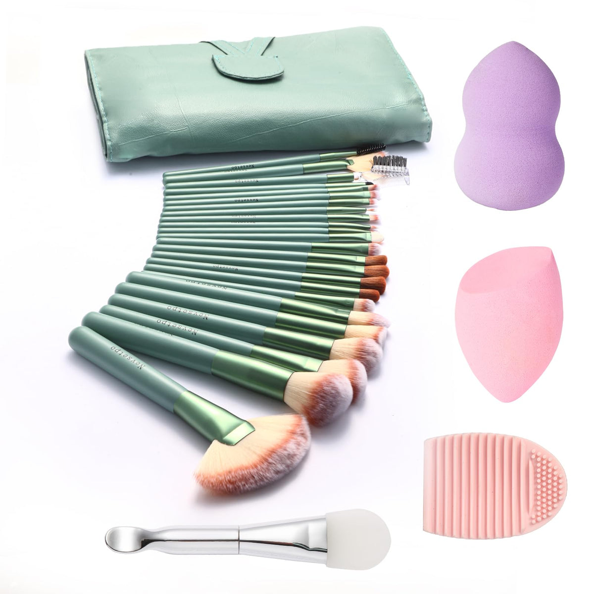 NEVSETPO Makeup Brushes, Quality Make Up Brushes 28Pcs Makeup Brushes Set Professional & Beginner Make-up Sets & Case, Brushes & Sponges,Travel-Friendly Roll-up Beauty Gift Sets for Women, GREEN