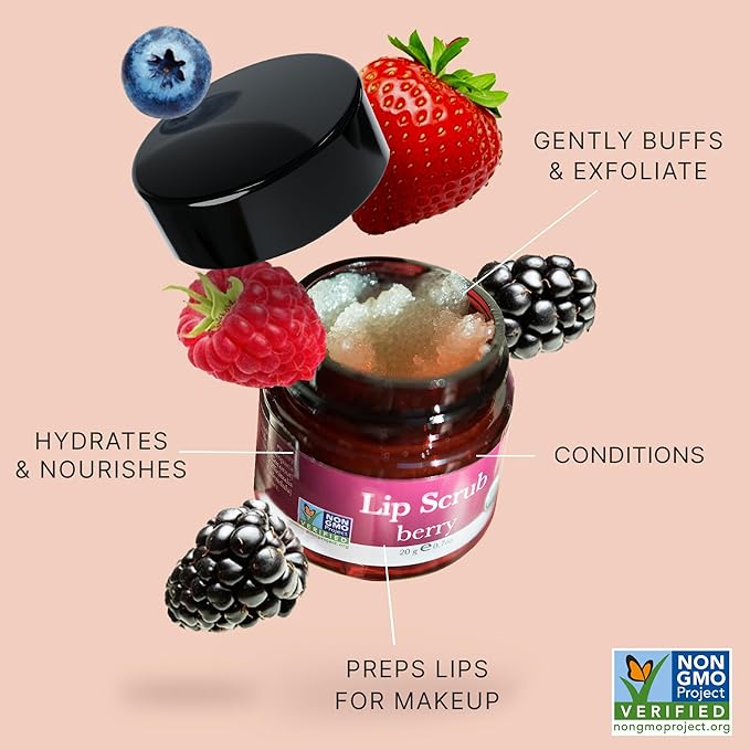 USDA Organic Lip Scrub - USA Made Natural Moisturizing Exfoliator for Dry Lips, Sugar Scrub for Smooth Lips