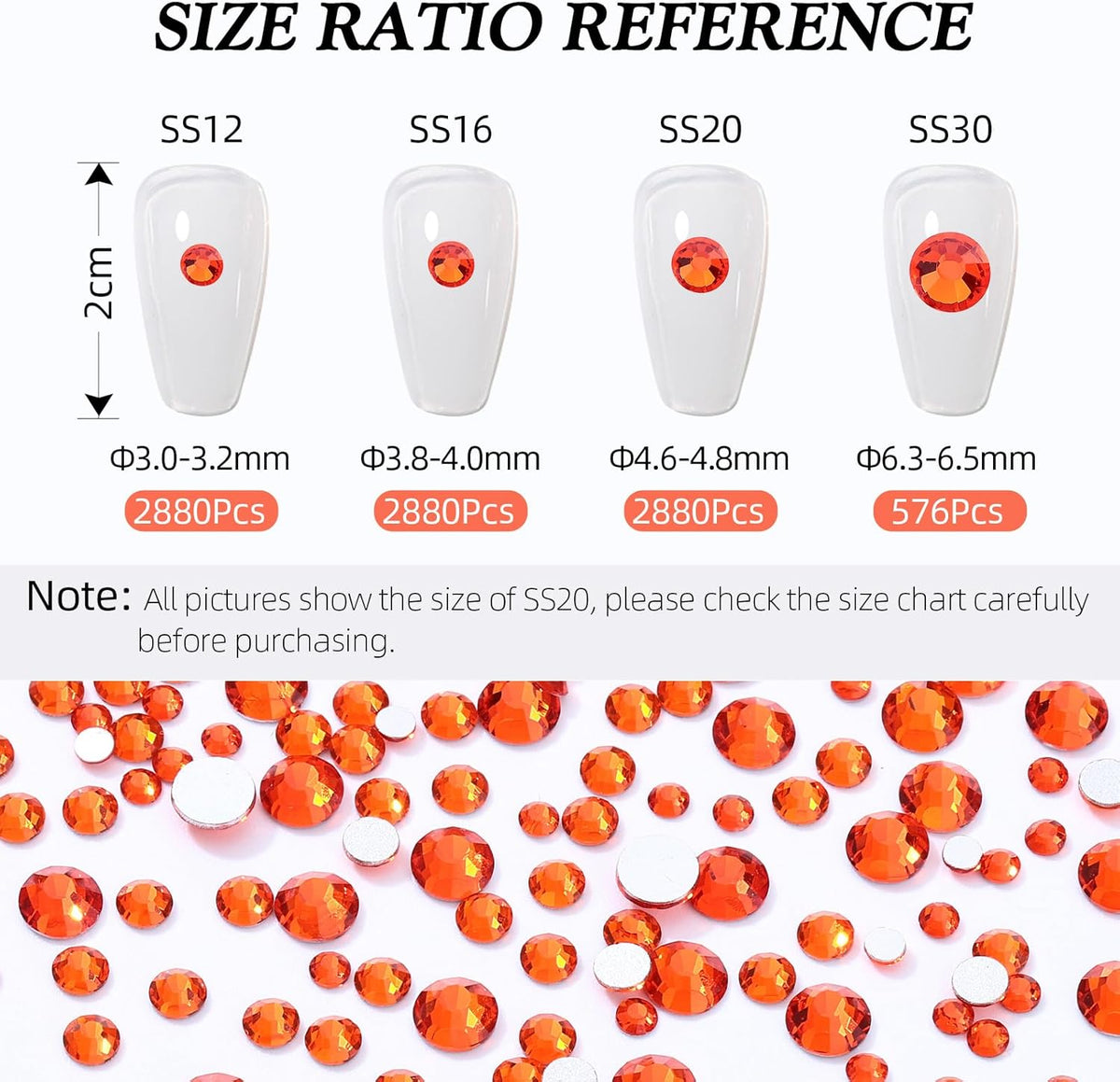 Hyacinth Flatback Rhinestones, Glass Rhinestones for Nail Art and Craft, Glue Fix, Loose Crystal Gemstones(Orange, SS12, 2880pcs, 2.9-3.0mm)