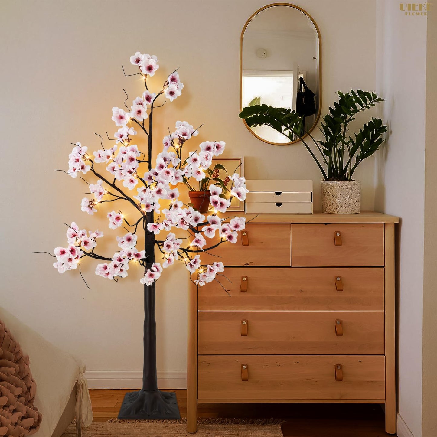 Uieke 4FT Cherry Blossom Tree, 48 Fairy Lights Artificial Lighted Tree for Home Inside Outdoor Spring Wedding Party Festival Decor, Warm White