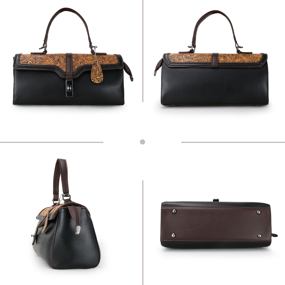 Purse and Handbags for Women Vegan Leather Shoulder Hand Bags Top Handle Satchel Vintage Embossing Pattern (Black)