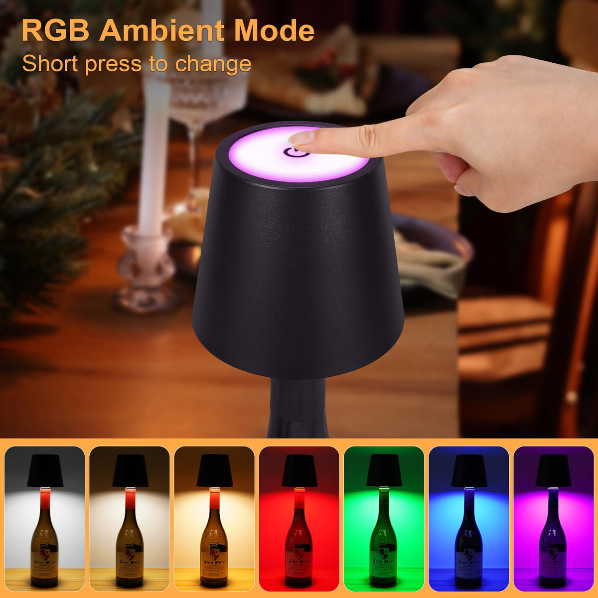 DUSKTEC Wireless Wine Bottle Lampshade, 8 RGB Light Modes, Light Temperature 3000-6500K, Rechargeable Touch Wine Bottle Lamp, Portable Wireless Bottle Lamp, Bar Lights, Party, Gift (Black, 2PCS)