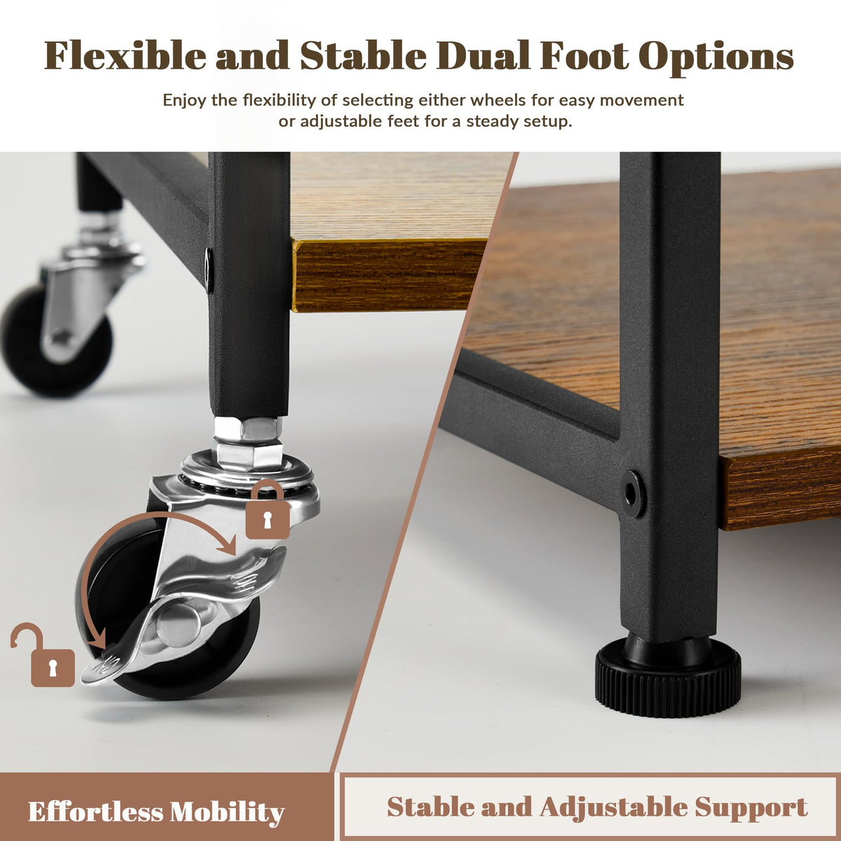 Vividwood Printer Stand - Large 3 Tier Printer Table with Adjustable Storage Shelf - Rolling Cart with Wheels -Stable Desk for Home Office Use (Rustic Brown)