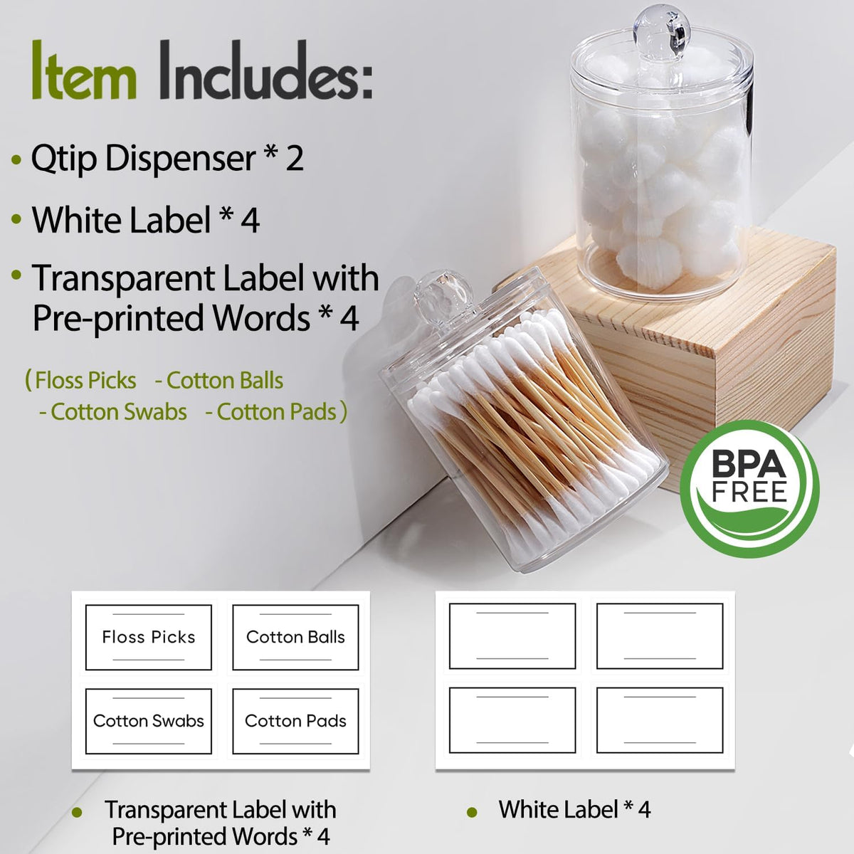 2 Pack Acrylic Qtip Holder Dispenser for Cotton Swabs, Balls, Pads, Floss Picks- Small Clear Plastic Canister Apothecary Jar Set, Bathroom Essentials Accessories Decor, Vanity Makeup Storage Organizer