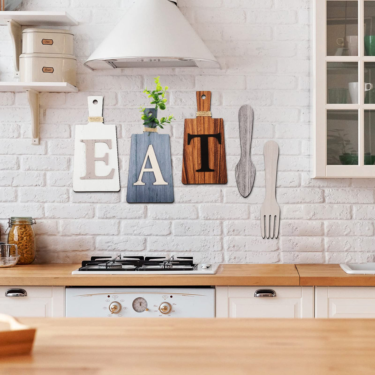Jetec Cutting Board Eat Sign Set Hanging Art Kitchen Eat Sign Fork and Spoon Wall Decor Rustic Primitive Country Farmhouse Kitchen Decor for Home Decoration(Gray, White, Brown)