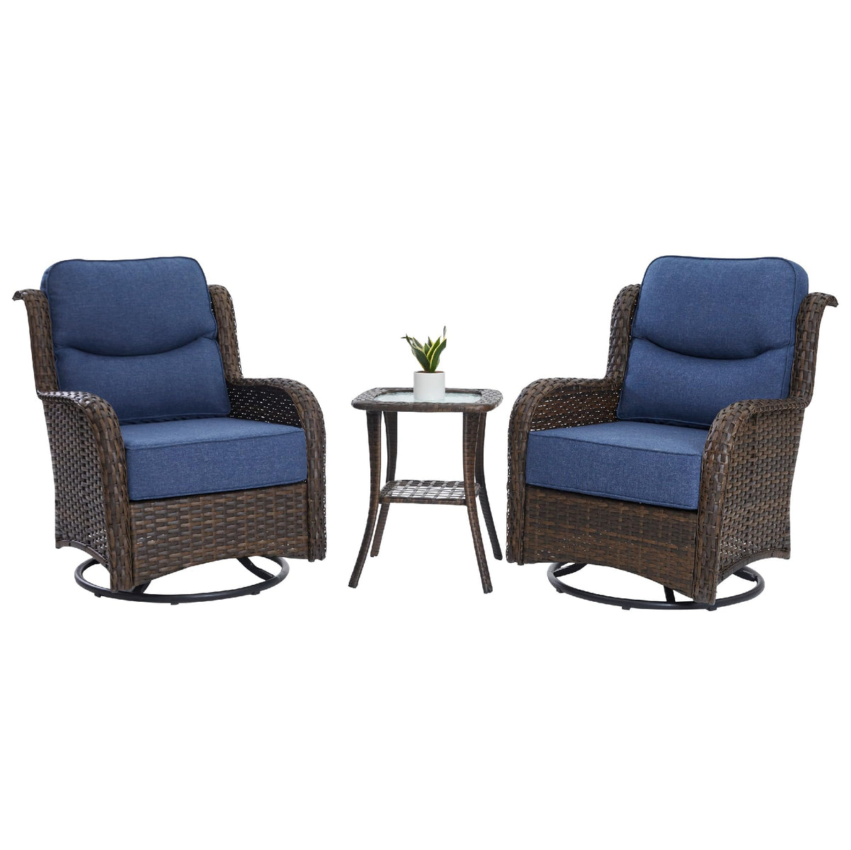 HILLGA Luxury Outdoor Swivel Rocker Patio Chairs of 2 with 6 Inch Thick Cushions and Side Table, Swivel Outdoor Chairs 3PCS High Back Wicker Patio Furniture Set for Porch, Balcony, Deck in Blue
