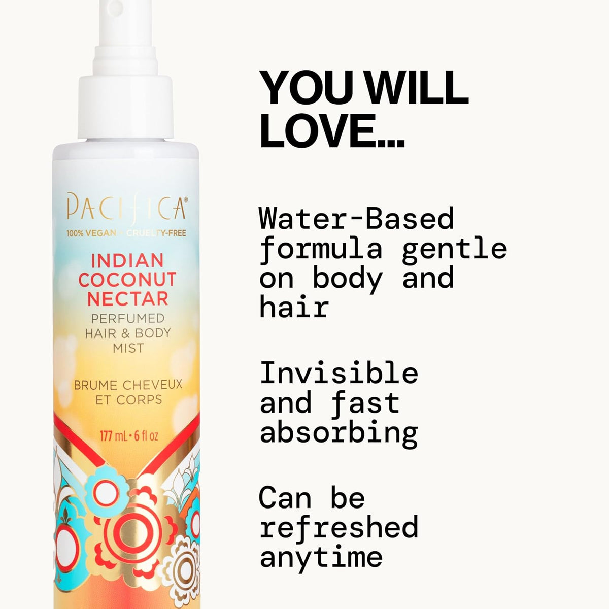 Pacifica Beauty, Indian Coconut Nectar Hair Perfume & Body Spray, Coconut and Creamy Vanilla Scent, Natural & Essential Oils, Alcohol Free, Clean Fragrance, Vegan & Cruelty Free