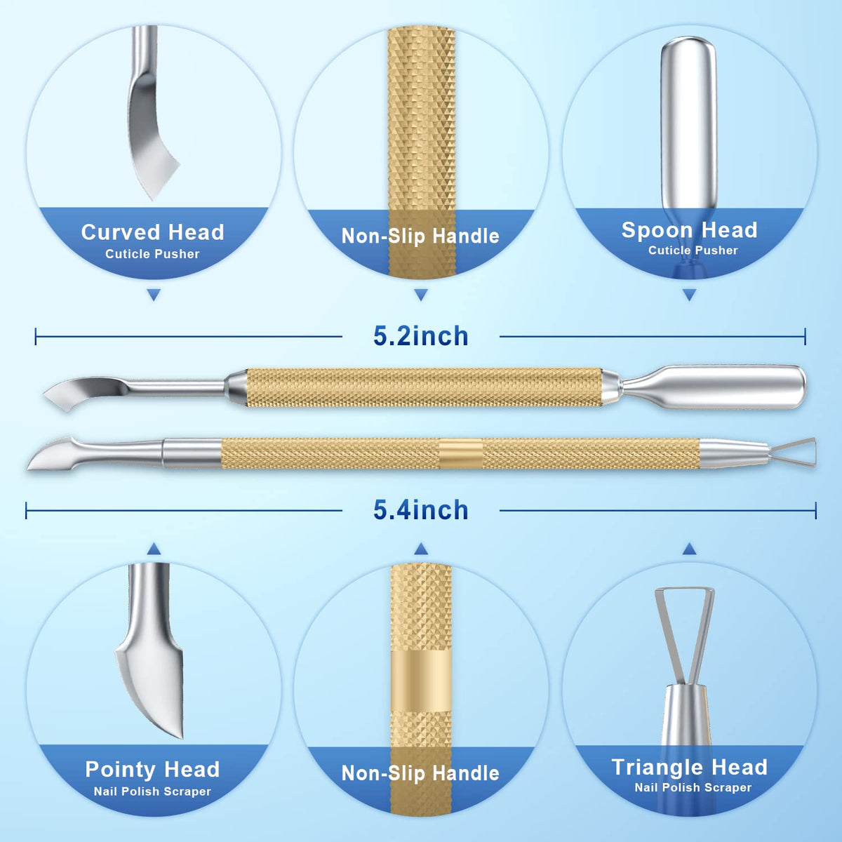 2PCS Metal Champagne Gold Cuticle Pusher and Cutter Remover Salon Quality Stainless Steel Gel Nail Polish Peeler Scraper Durable Manicure and Pedicure Cleaner Tool For Fingernail and Toenail