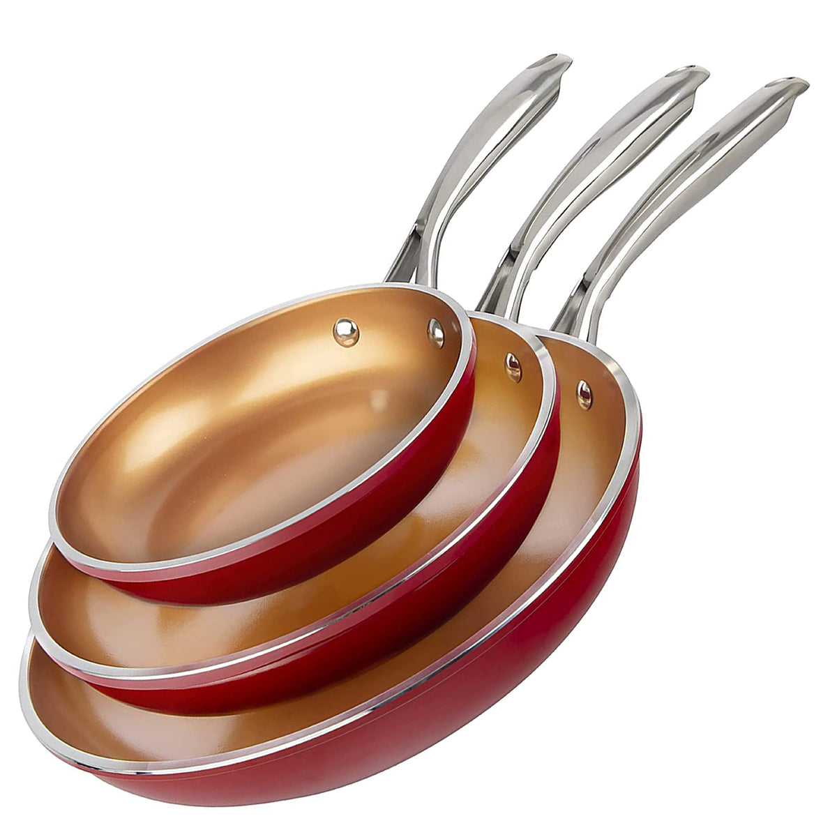 GOTHAM STEEL Frying Pan Set, 3 Piece Nonstick Copper Fry Pans Set, 8”, 10” & 12” Nonstick Frying Pans, Nonstick Skillet Set, Omelet Pan, Cookware, PFOA Free, Dishwasher Safe, Cool Touch Handle - RED
