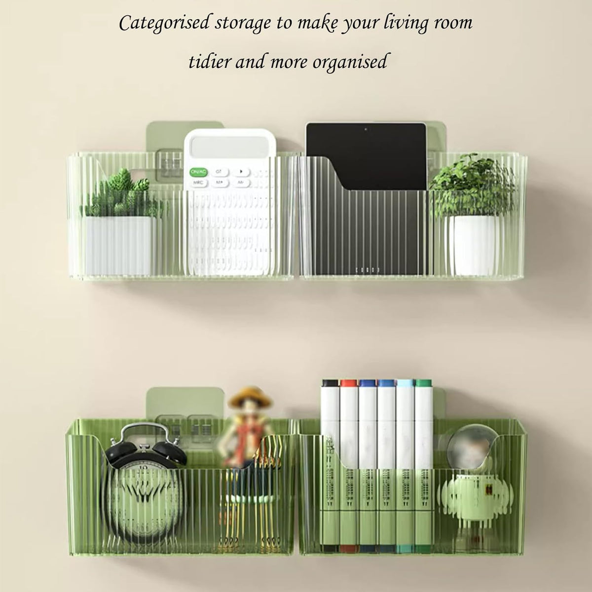 Set Of 2 Storage Organizer Bins Wall Mounted Shower Basket, Shower Caddy Stackable Clear Plastic Makeup Organizer Adhesive Hanging Bin for Bathroom, Kitchen, Cabinet, Pantry, BPA Free, Green