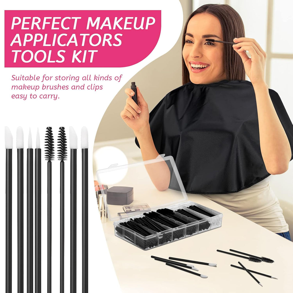 Maitys 260 Pieces Disposable Makeup Tools Kit, Eyeliner Brushes Mascara Wands Lipstick Applicators Plastic Organizer Box Short Waterproof Cape Stainless Steel Makeup Palette, Spatula(Black)