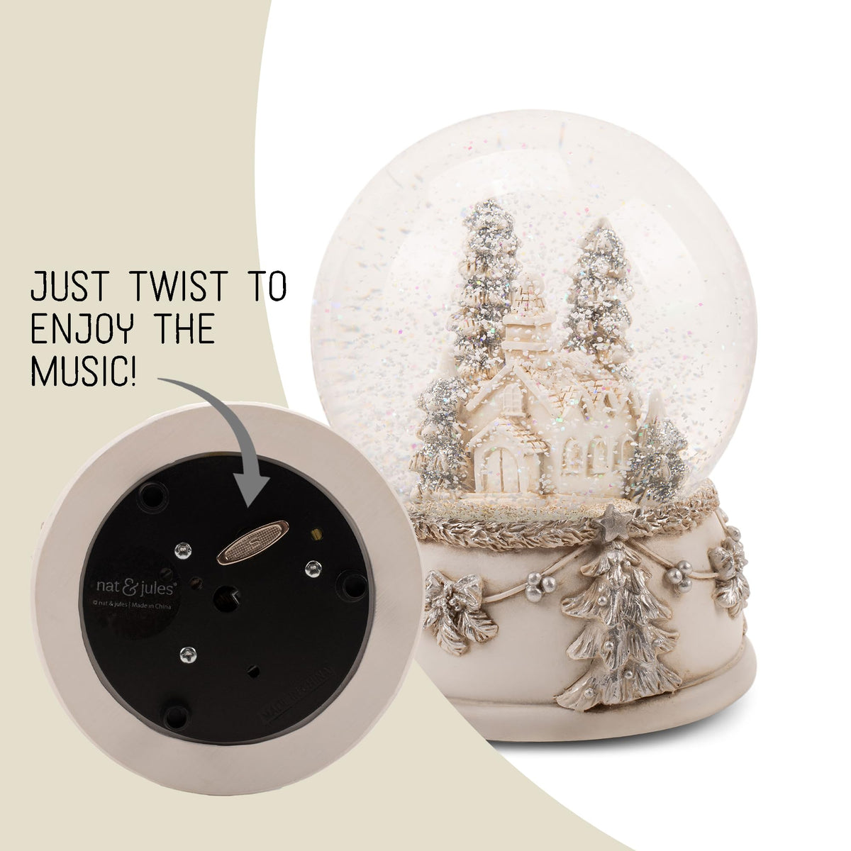 NAT & Jules Beautiful Snowy Church & Pine Tree Scene 6 x 4 inch Musical Glitter Snow Globe: Plays Tune We Wish You A Merry Christmas - Perfect Accent Décor for The Holidays or Everyday, Church Scene