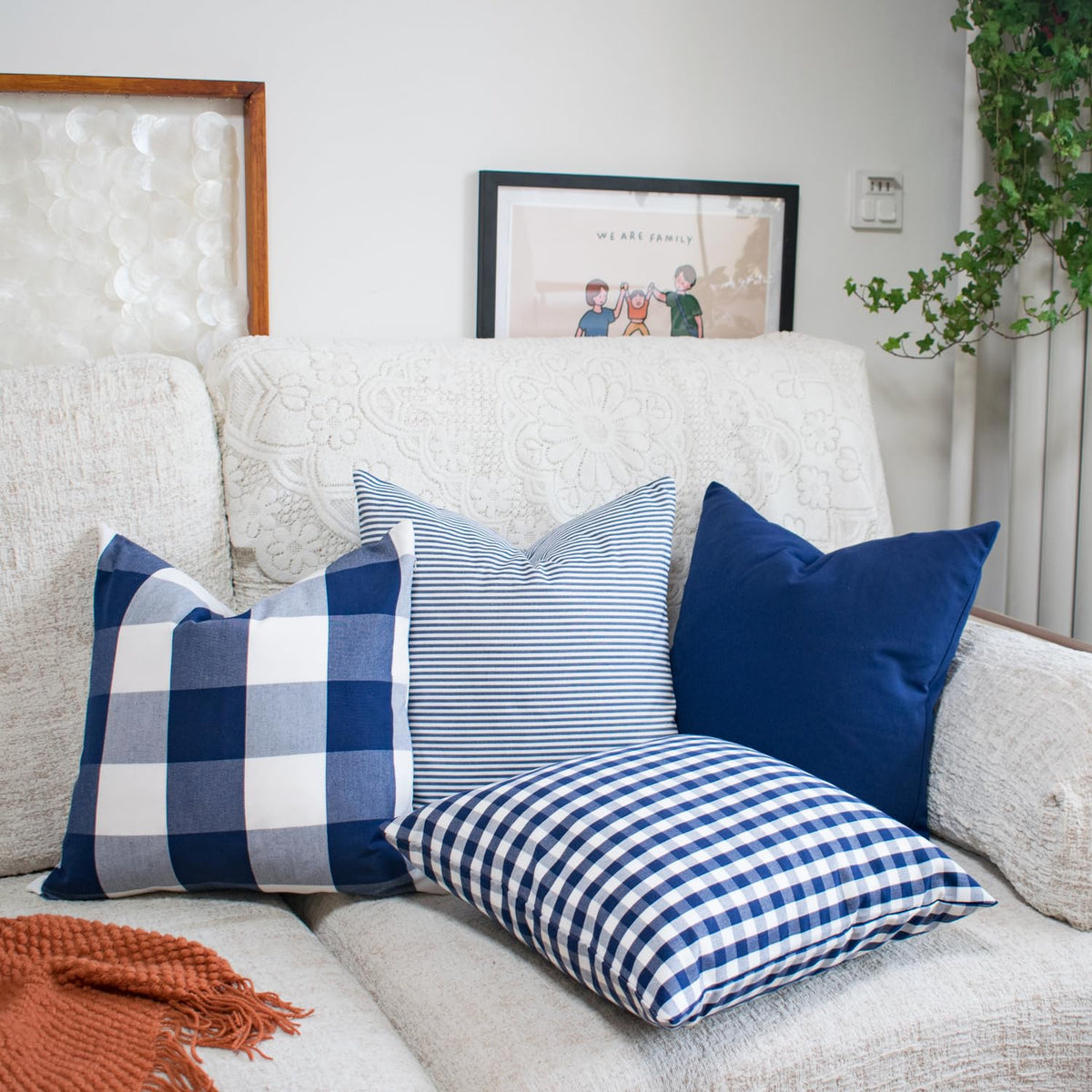 HOPLEE Navy Blue Decorative Pillow Cover 16x16 Pillow Cover with Buffalo Plaid, Solid Navy Blue, Tricking Stripe and Gingham Plaid Design 16x16 Inches Set of 4
