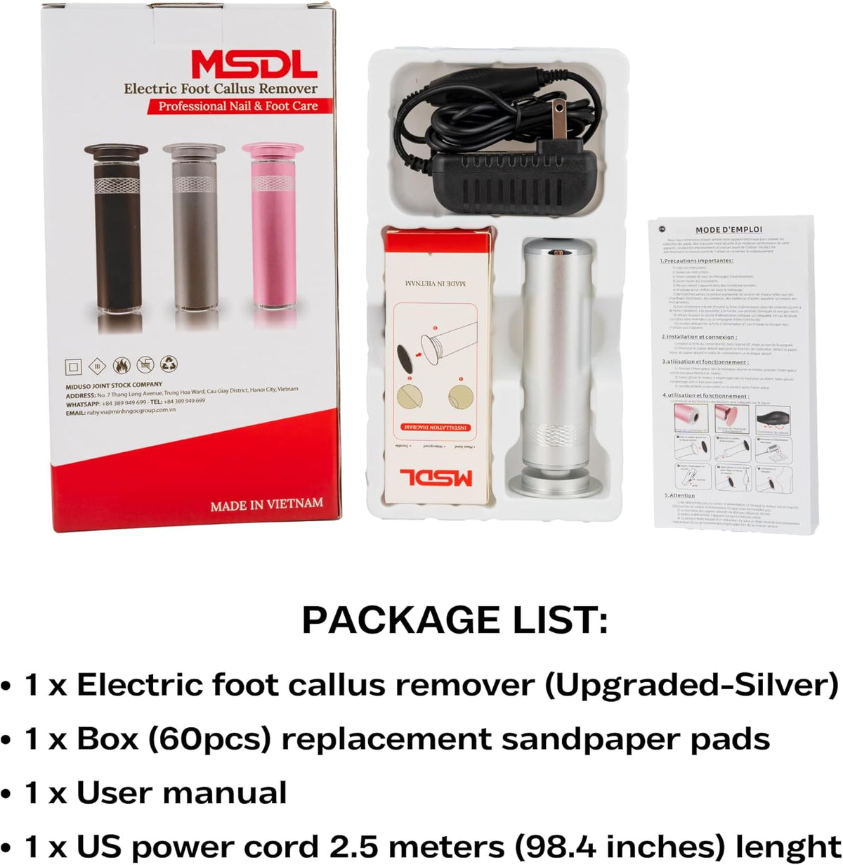 High Power Electric Foot Callus Remover, 2025 Upgrade with 100-inch Extra-Long Cord and 60 Replaceable Sandpaper Discs, Electric Foot File for Cracked Heels and Dead Skin, Silver