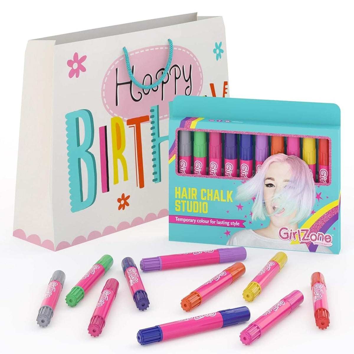 GirlZone Hair Chalks Set, 10-Piece Temporary Hair Chalk For Kids, Easy to Apply and Remove Temporary Hair Color for Kids Dress Up Parties, Role Play, Gift-Ready Vibrant Girls Hair Chalk Set