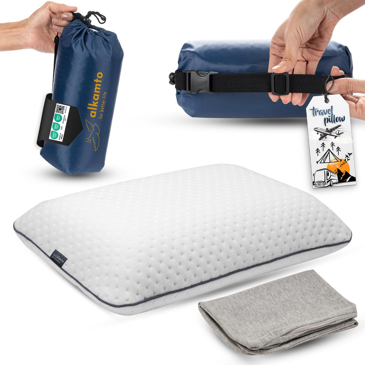 alkamto Memory Foam Pillow for Travel and Camping with Extra Cotton Cover – Easy to Carry Portable Bag (White)
