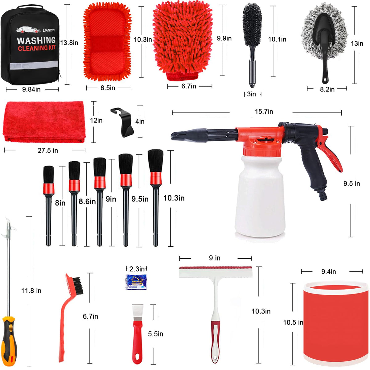 LIANXIN Car Wash Kit - Car Cleaning Kit,Car Wash Kit with Foam Gun, Microfiber Sponge and Towels,Tire Brush, Collapsible Bucket,Car Wash Foam Gun