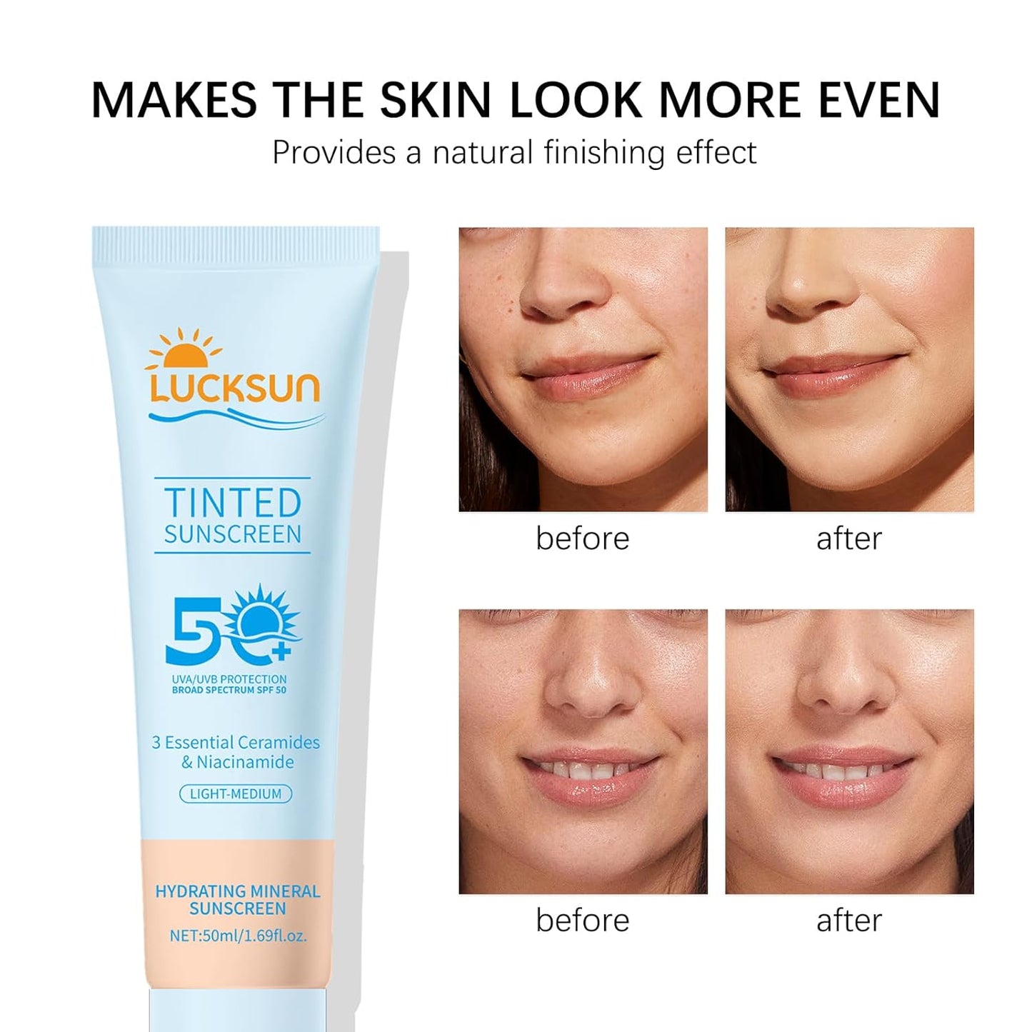 Tinted Sunscreen for Face SPF 50, 2 PCS Defense SPF 50 Face Sunscreen Lotion with Hyaluronic Acid, Sun Essence Faces Sunscreens, Hydrating, Moisturizing, UV Defense, Travel Size (Medium Color)