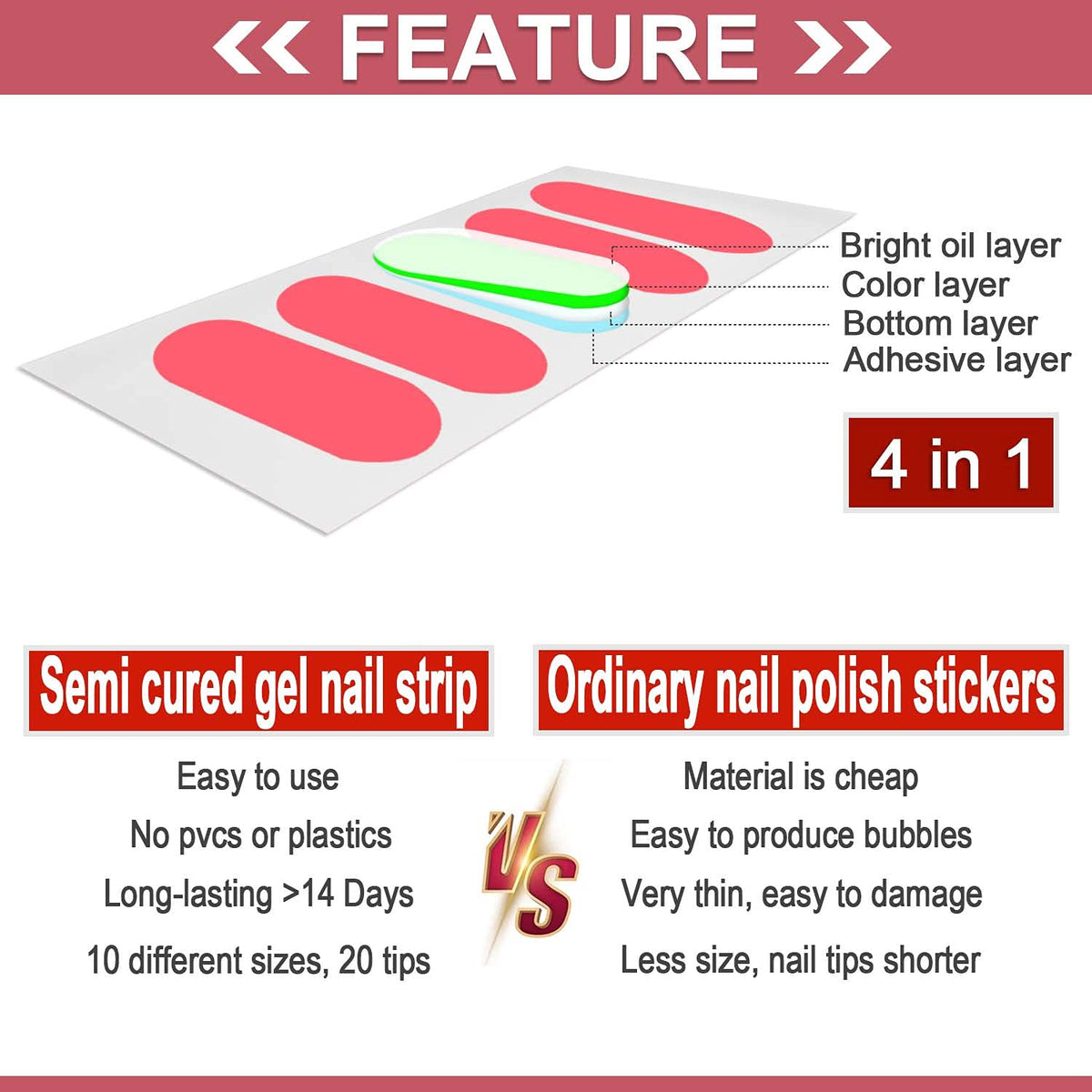 WOKOTO 20 Pcs Gradient Semi Cured Gel Nail Strips With Nail File & Wooden Stick Semicured Nail Polish Strips For Women Girls Gel Nail Wraps Uv Light Gel Nail Stickers Stick On Nails Gel Stickers