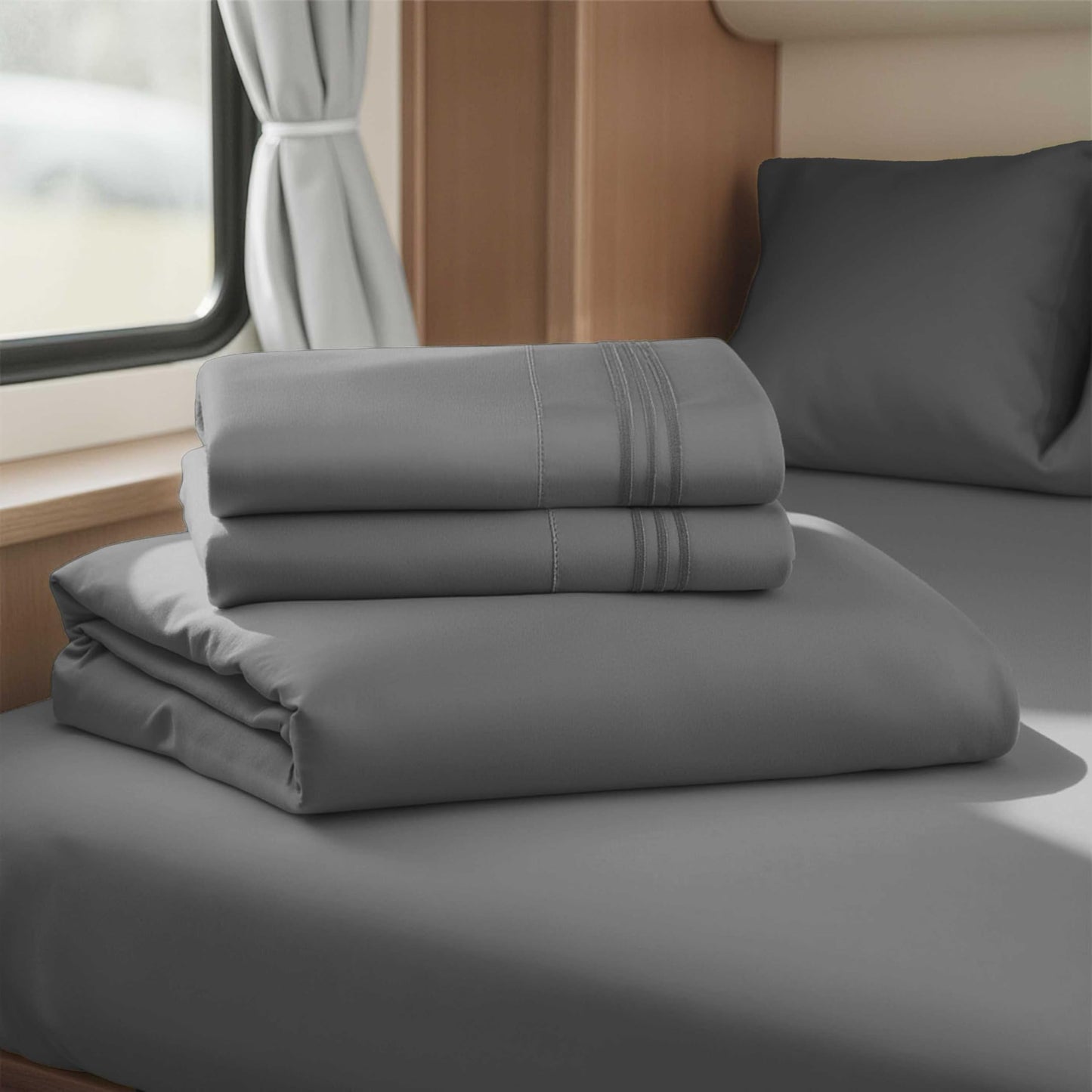 Nestl Dark Grey Short Queen Sheets for RV, Hotel Luxury RV Queen Sheets Set, 4 Piece Fitted Bed Sheet Set and Pillowcases, Super Soft, Wrinkle-Free, and Breathable Camper Bedding