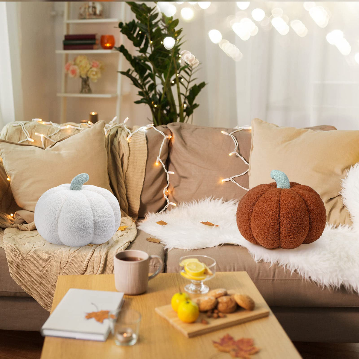 2 Pieces Simulated Pumpkin Pillow Plush Pillow 3D Pumpkin Shaped Pillow Cozy Fall Decorations Stuffed Throw Pillows for Thanksgiving Christmas Halloween Bedroom Sofa Couch Supplies (White, Brown)