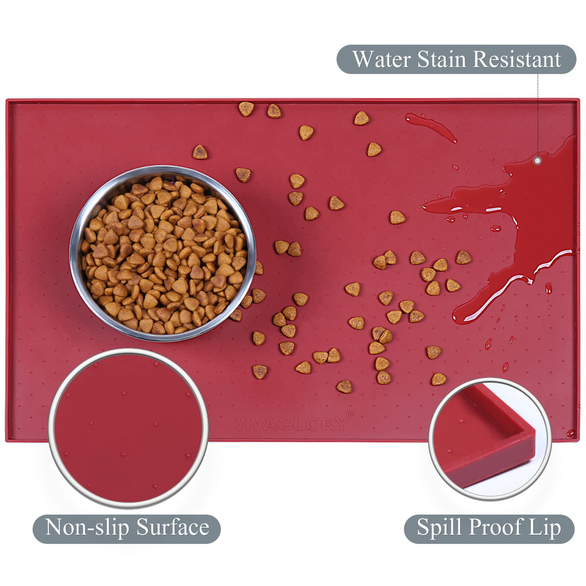 VIVAGLORY Dog Food Mat, Cat Dog Feeding Mat, Waterproof Non-Slip Food Grade Silicone Mat Placemat with Raised Edge, Anti-Messy Pet Bowl Mat for Food and Water, Burgundy, S(19"x12")