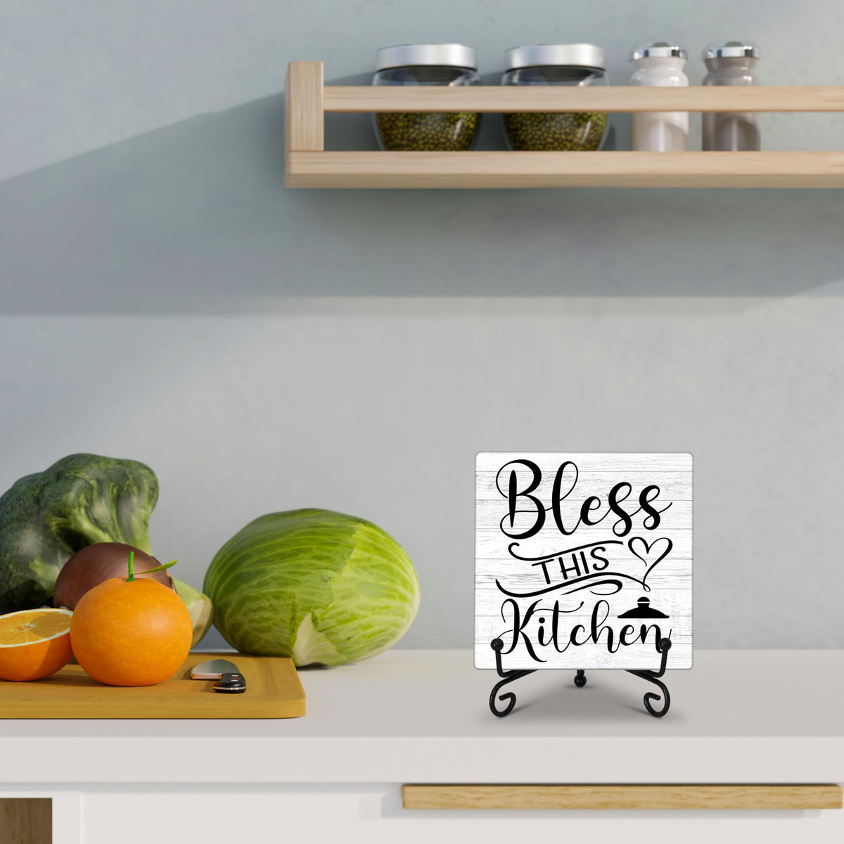 GOLRMC Kitchen Counter Decor, Table Decorations for Dining Room, Blessd Sign, Fun Farmhouse Kitchen Wooden Plaque with Iron Stand for Table Shelf Display-A02