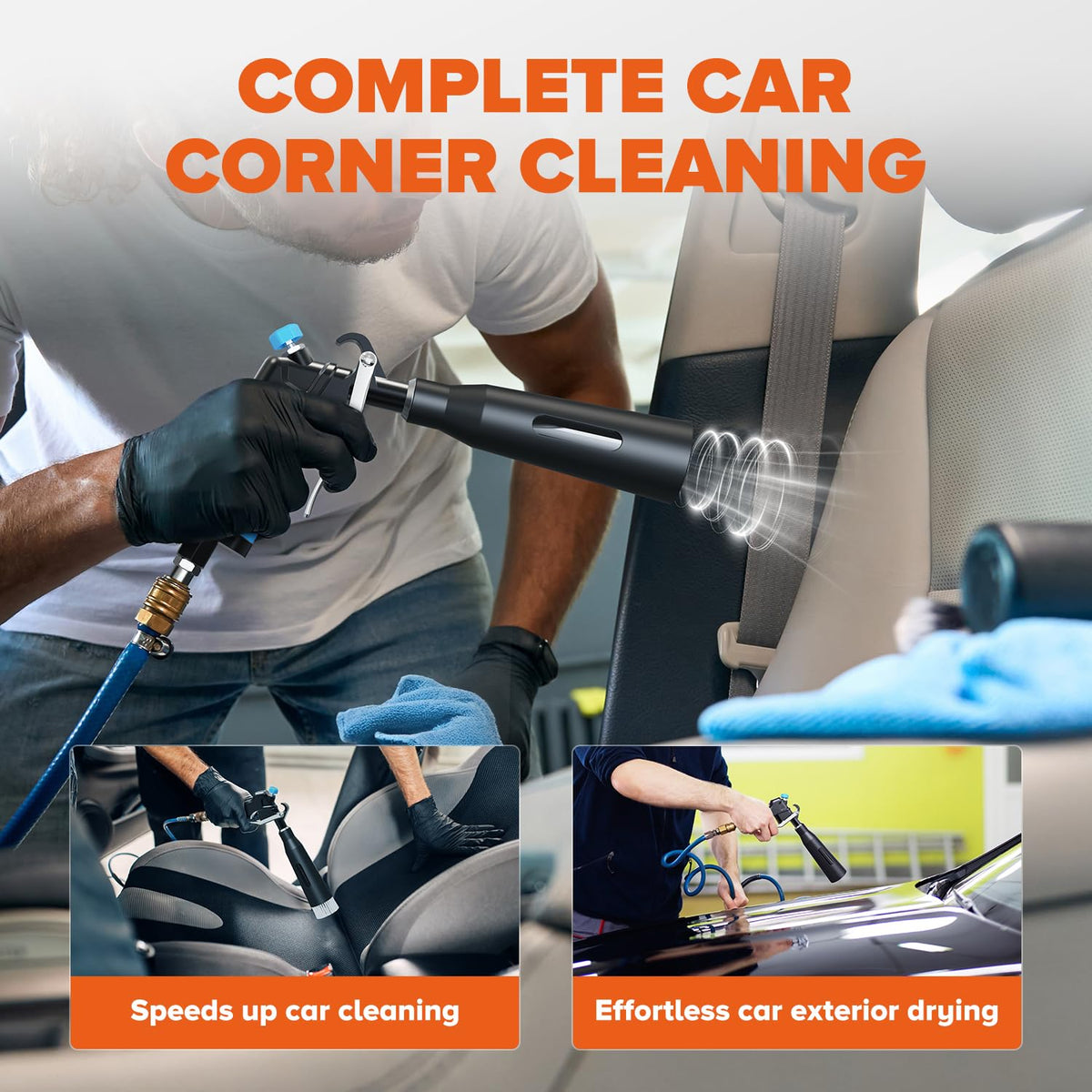 Zhevebaga Tornado Air Cleaning Gun, Upgraded High Pressure Dryer Air Blow Gun Adjustable Wind Speed, 360° Rotating Nozzle for Thorough Cleaning Car Detailing Tools for Car Interiors & Exteriors