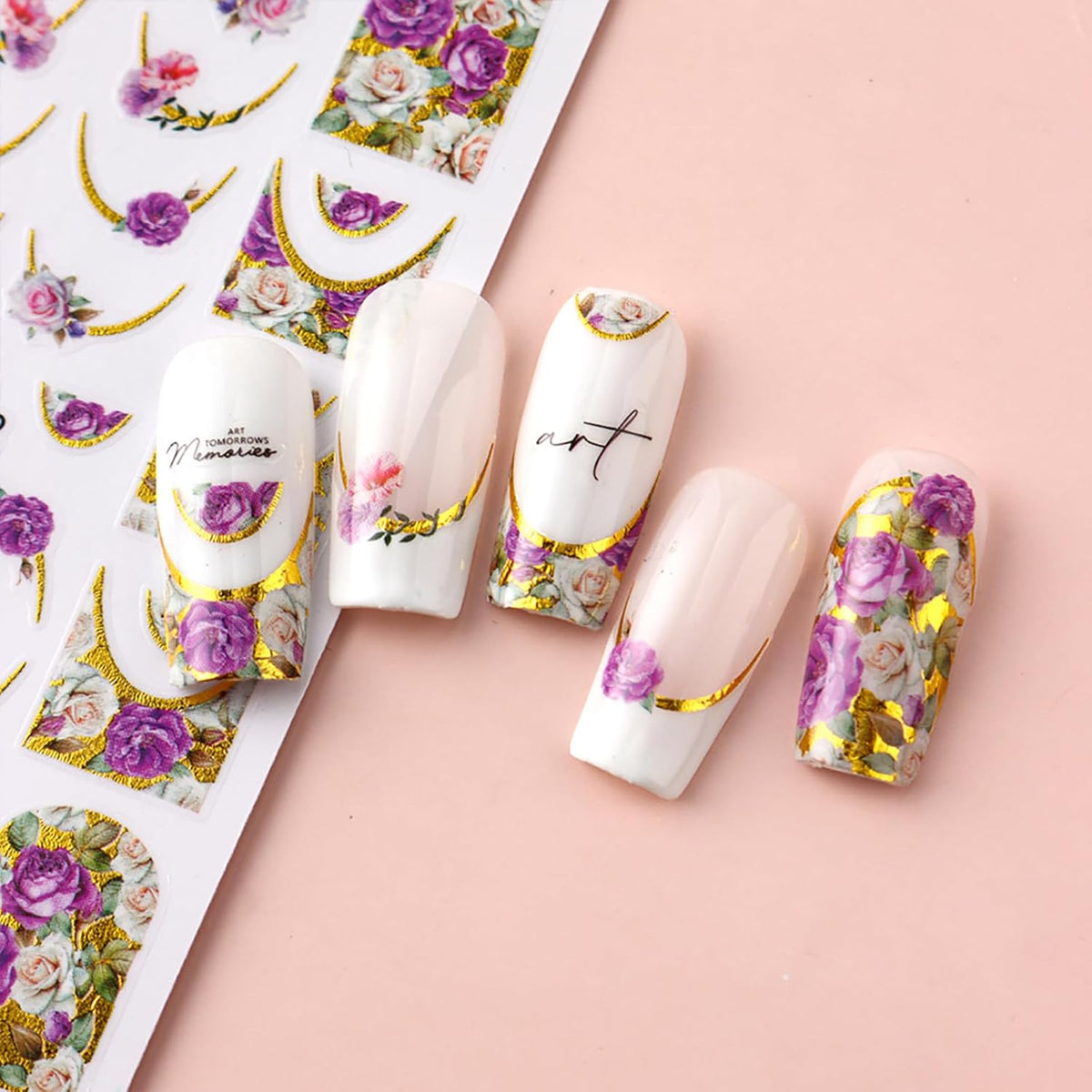 Flower Nail Art Stickers Women Spring Summer Embossed Floral Leaves Holographic Manicure Decals Self Adhesive DIY Decorations Supplies 5 Sheets