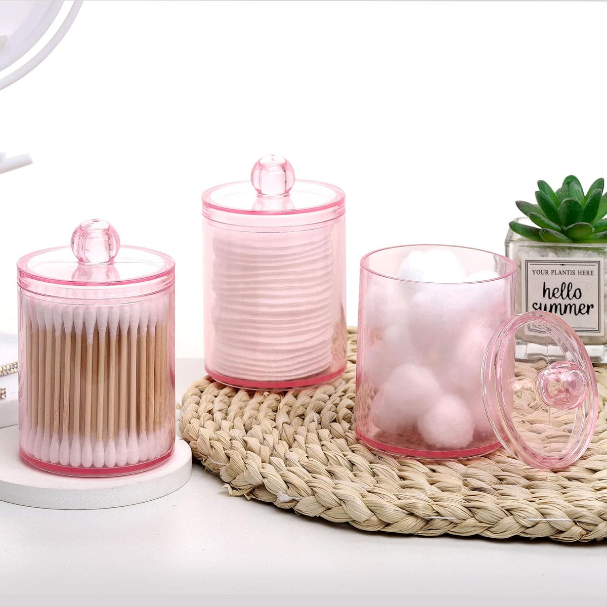Tbestmax 6 Pack Qtip Holder, 10-Ounce Apothecary Jars with Lids for Cotton Ball Swab Pad Dispenser, Bathroom Canisters Organizer (Pink)