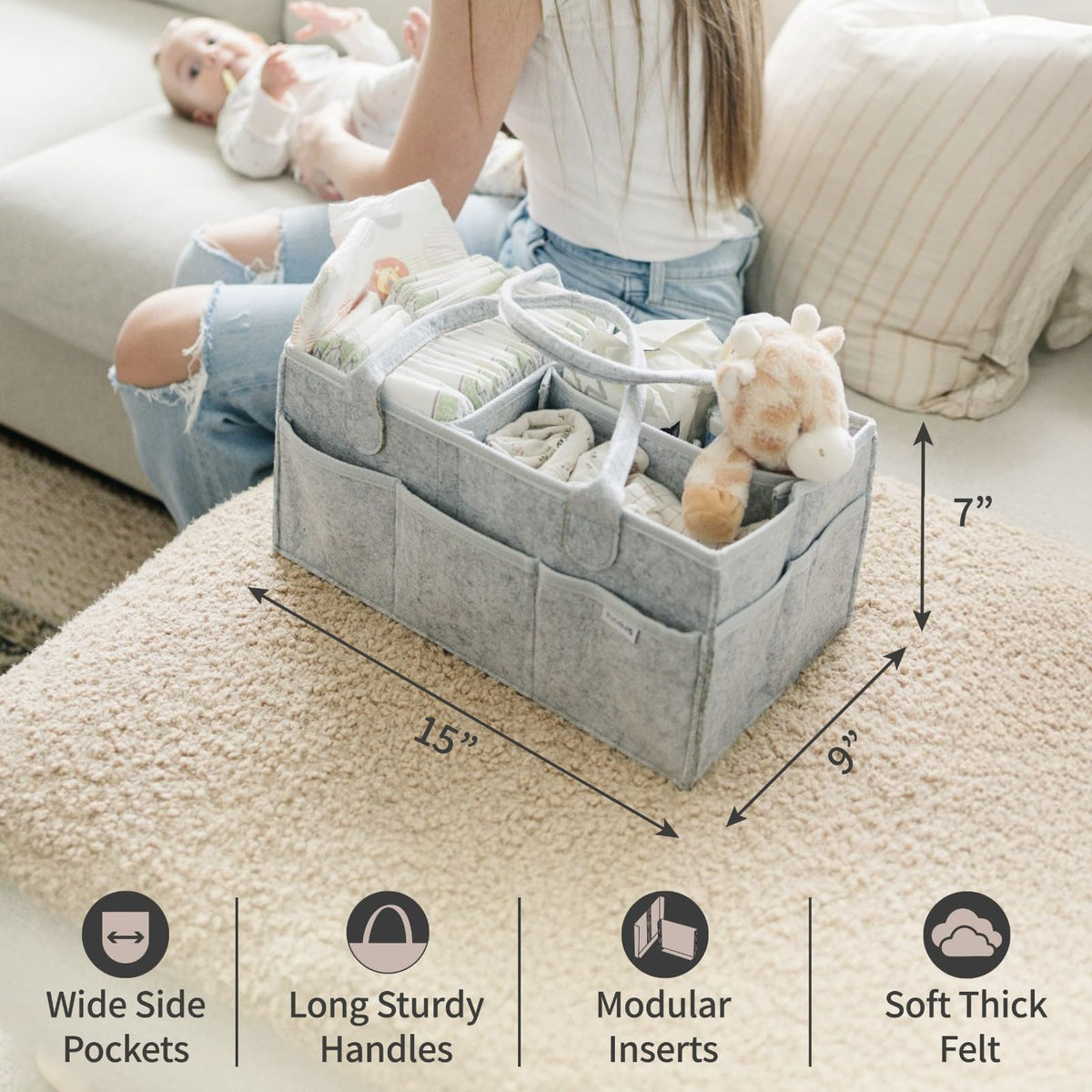 PUTSKA Nursery Storage Basket - Baby Diaper Caddy Organizer for Diaper Station, Newborn Essentials, Baby Shower Gifts and Registry Must-Haves for Boy or Girl