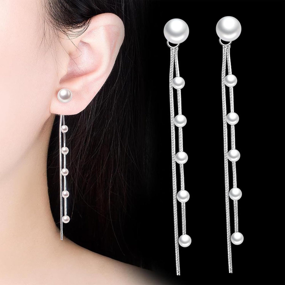 Boho Long Pearl Dangle Drop Earrings Vintage Silver Pearl Chain Dangle Earrings Statement Tassel Pearl Dangle Earrings Wedding Prom Pearl Earrings Jewelry for Women