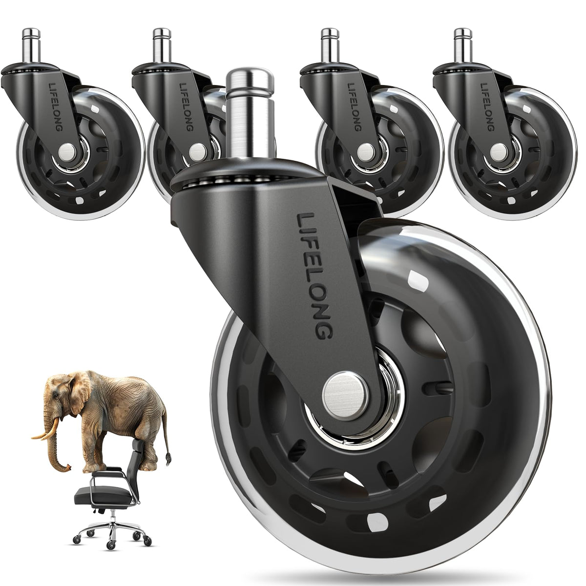 Lifelong Original Office Chair Wheels (As Seen On CNN) Replacement Rubber Chair Casters for Hardwood Floors and Carpet, Set of 5, Heavy Duty Casters for Chairs to Replace Office Chair Mats - Fits 98%