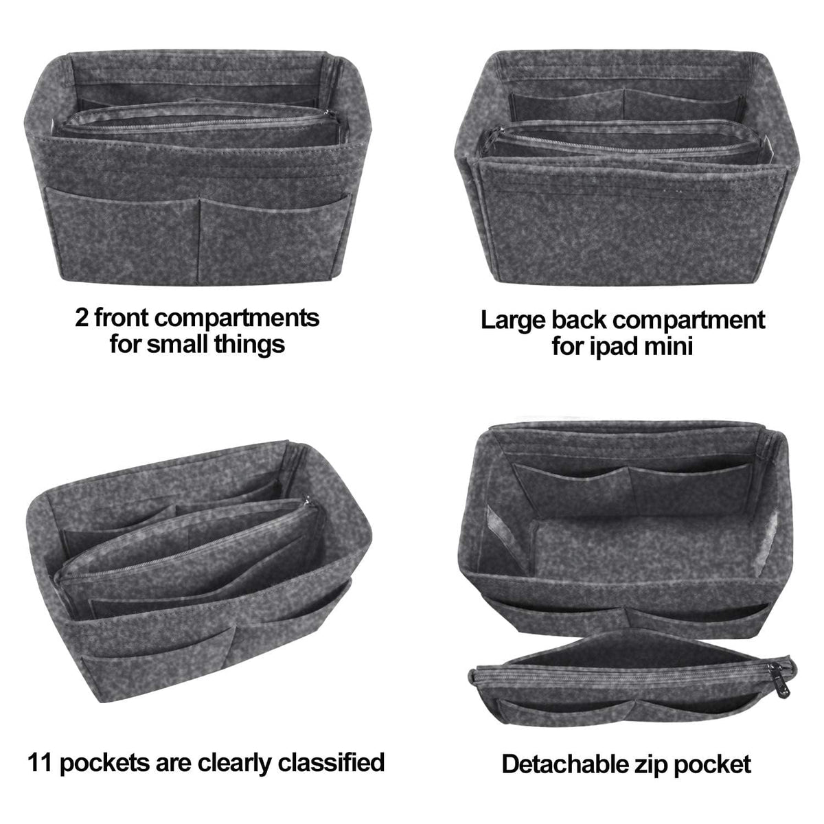 OMYSTYLE Grey Organizer Insert, Felt Tote Bag Organizer Insert with 5 Sizes, Handbag Dividers for Inside Purse, Compatible with Longchamp, Neverful, Speedy and More