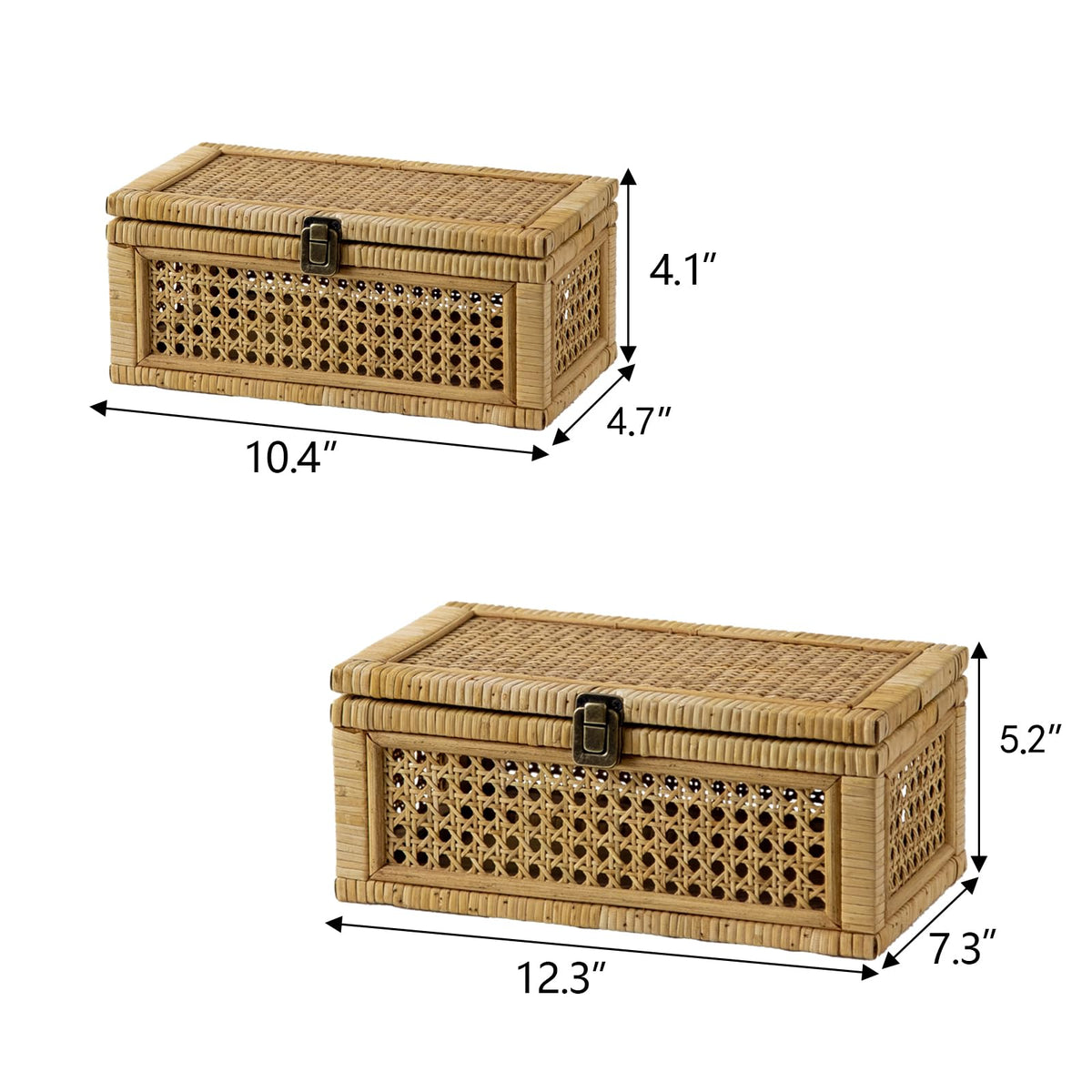 HuiDao Rattan Decorative Box, Boho Display Boxes with Lids, Set of 2 Rectangular Wicker Storage Basket, Natural Woven Cane Bins for Home Decor (Rectangular)