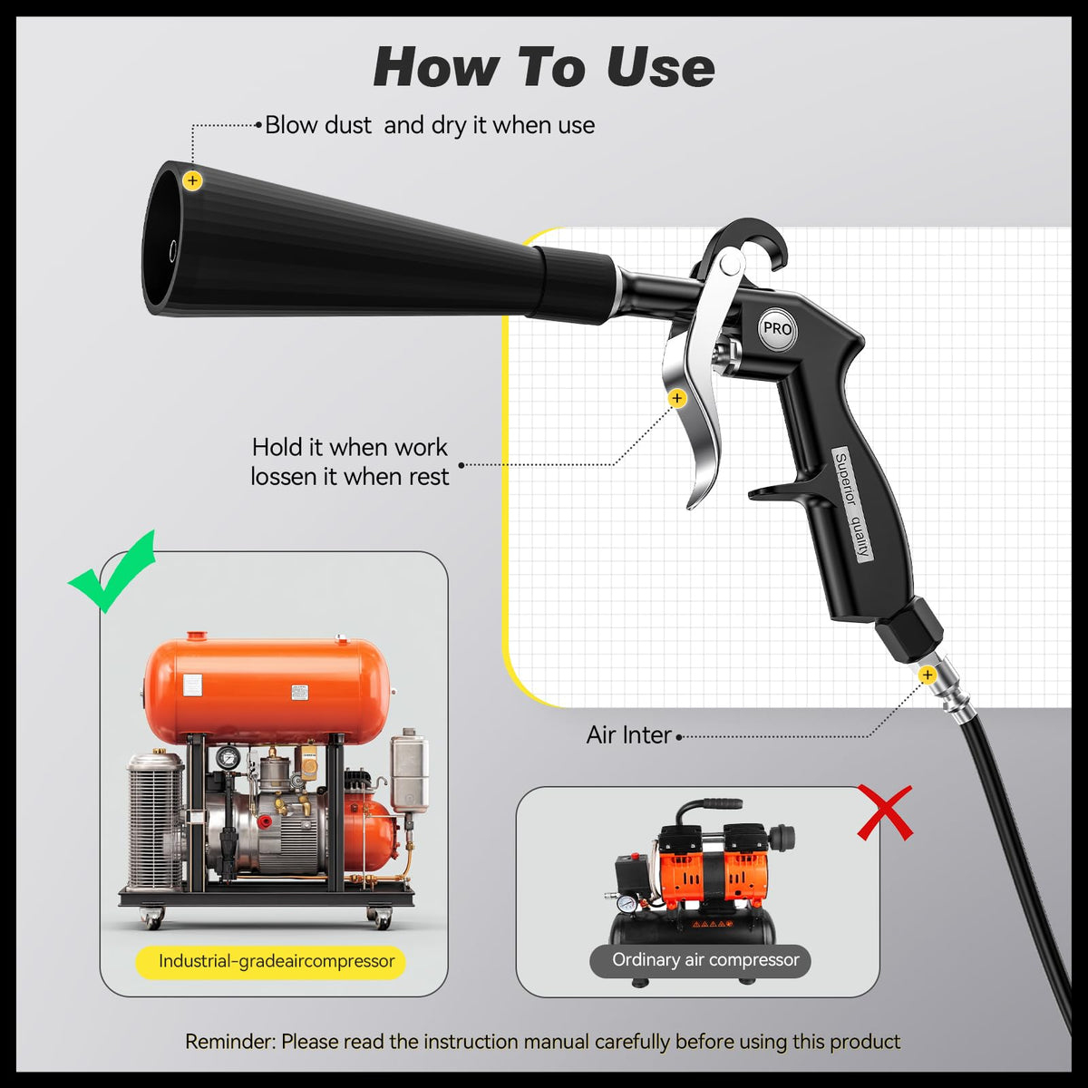 funomo Detailing Car Cleaning Gun - High Pressure Blower Gun with Nozzle, Dryer Air Blow Gun Interior Car Detailing Tools for Quickly Removes Dirt Dust & Dry Surfaces