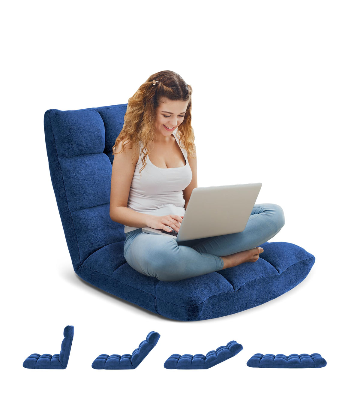 Avocahom Folding Floor Gaming Chair 14-Poistion Cushioned Adjustable Floor Lazy Sofa Chair w/Breathable Cotton & Skin-Friendly Velvet for Adults & Kids Perfect for Reading Gaming Meditating, Darkblue