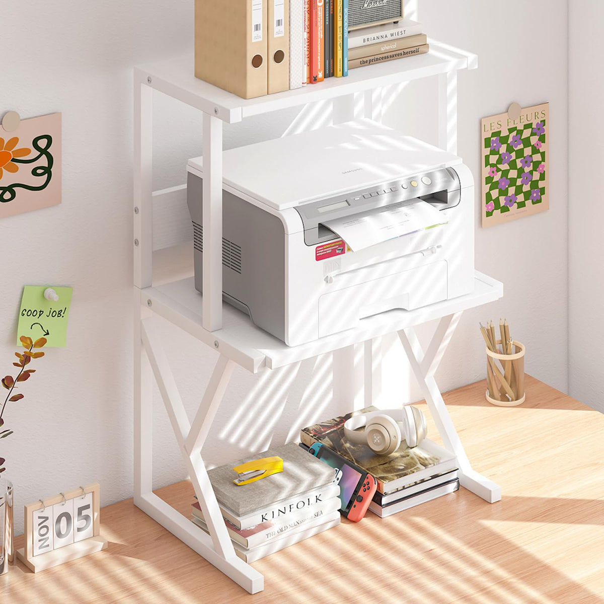 aboxoo Desktop Printer Stand with 3 Tier Wood Storage Shelves,Under Desk Printer Table,Multi-Purpose Home Office Desk Organizer for Fax Machine, Scanner (White)