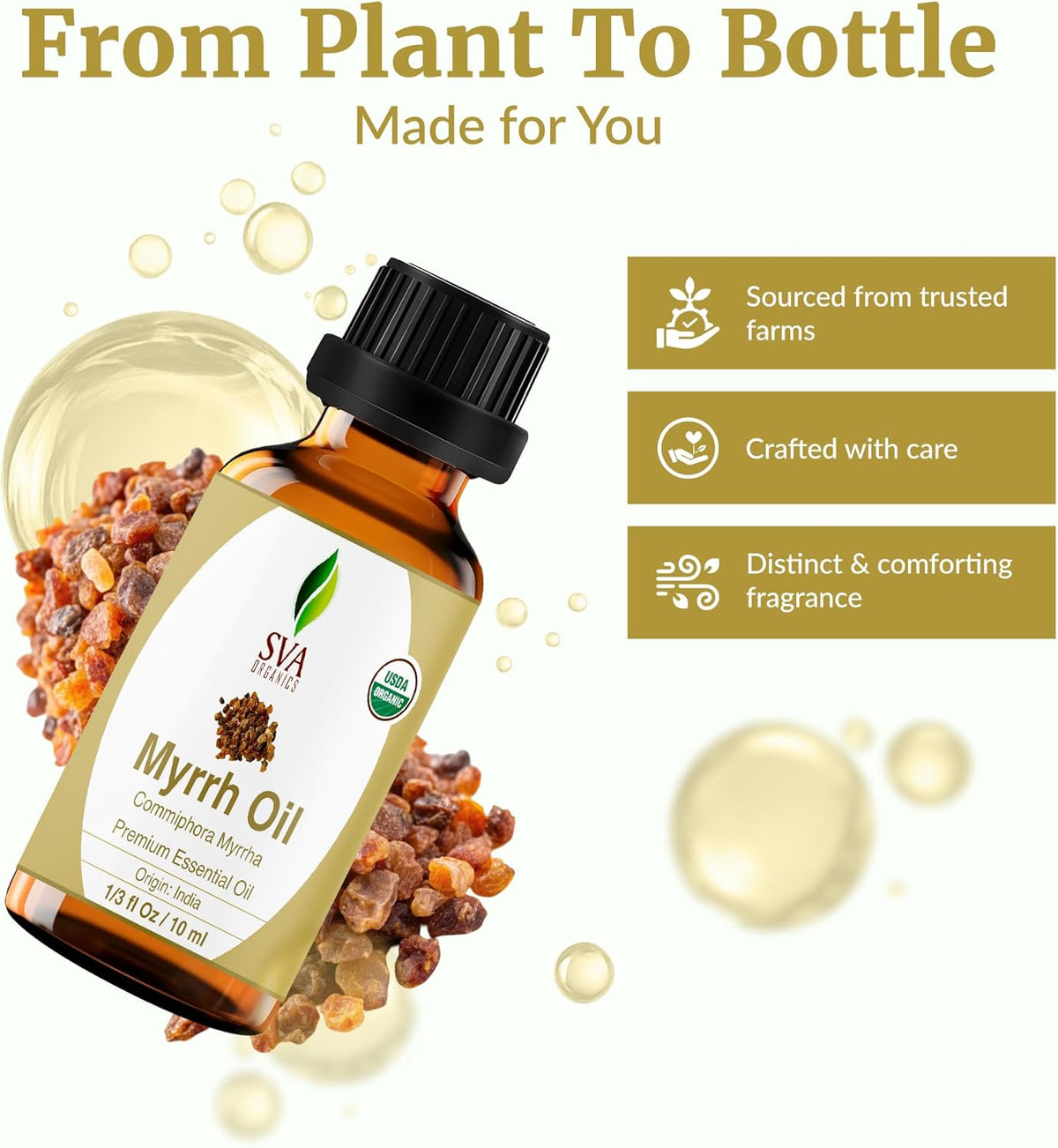 SVA Myrrh Essential Oil Organic – 1/3 Fl Oz – 100% Natural Organic Myrrh Oil - for Diffuser, Hair Care, Face, Skin Care, Aromatherapy, Scalp and Body Massage, Soap and Candle Making
