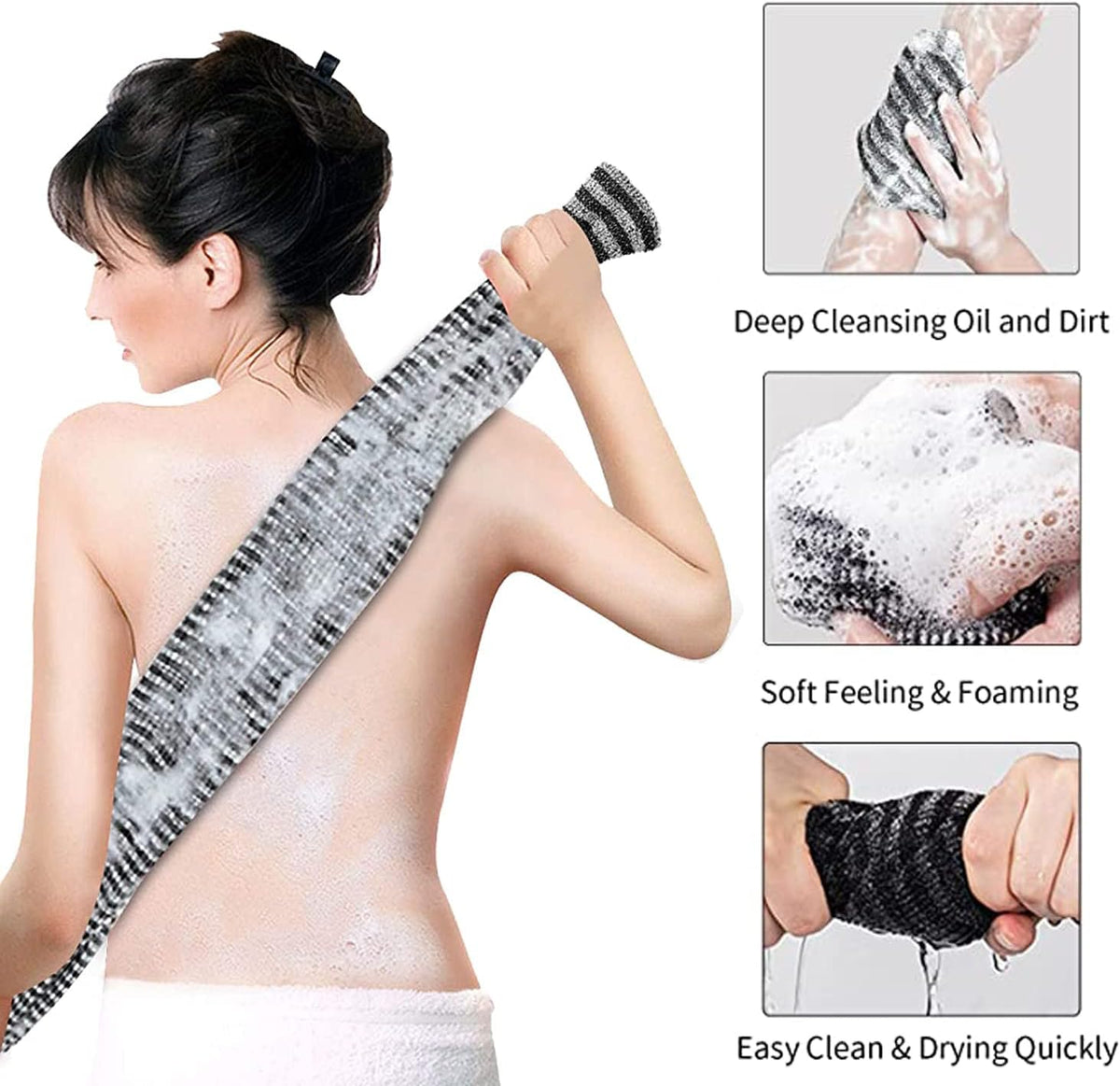 Yiclick Exfoliating Body Scrubber, Back Scrubber for Shower Bath, Japanese Scrub Wash Cloth, Exfoliating Washcloth Towel for Men Women, Body Exfoliator Loofah Luffa Sponge Net Rag Back Washer (Black)