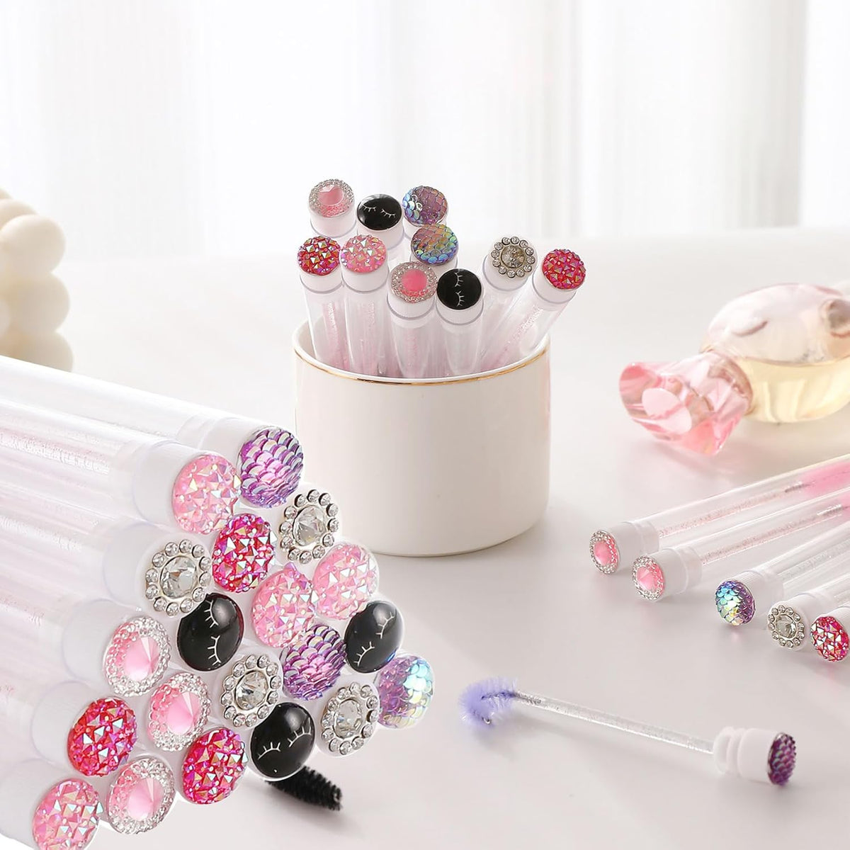 Upgrade 48 Pieces Disposable Mascara Wands Set,Include 24 Pcs Crystal Lash Spoolies Brush and 24 Pcs Reusable Keychain Empty Eyelash Brush Tubes
