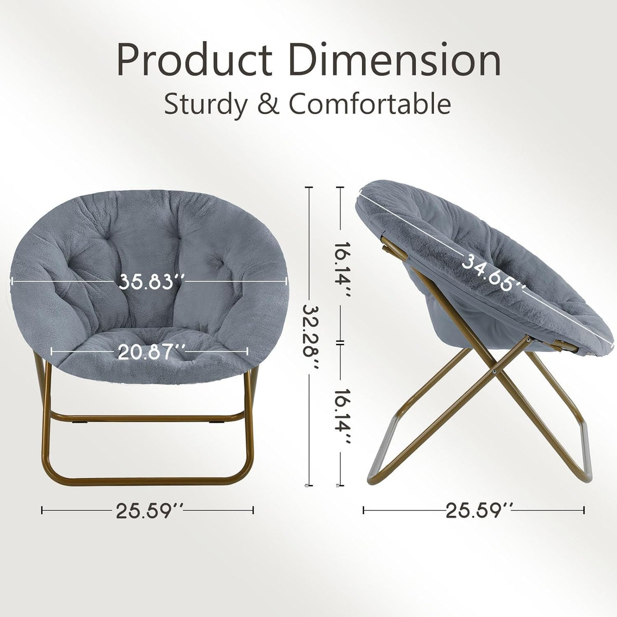 Elevon Saucer Chair Faux Fur with Soft and Thick Padded Seat Metal Frame, Modern Style Folding Cozy Chair for Bedroom, Living Room,XL, Grey