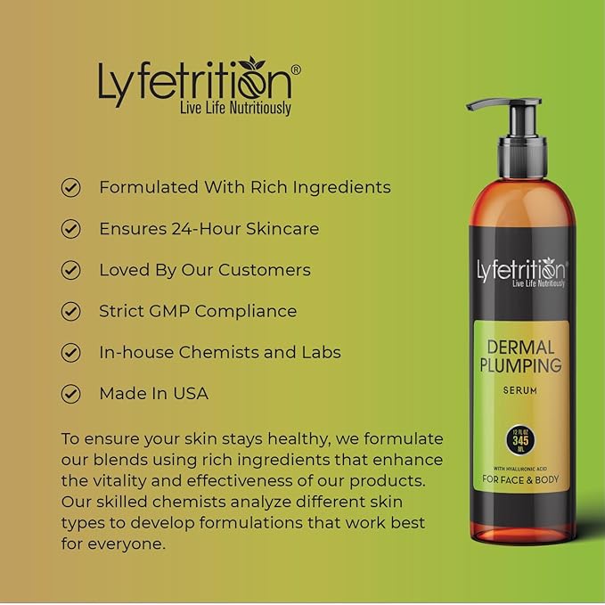 Lyfetrition Dermal Plumping Complex | 12 oz large Bottle | Anti-Ageing Serum Enriched with Vitamin C and Hyaluronic Acid